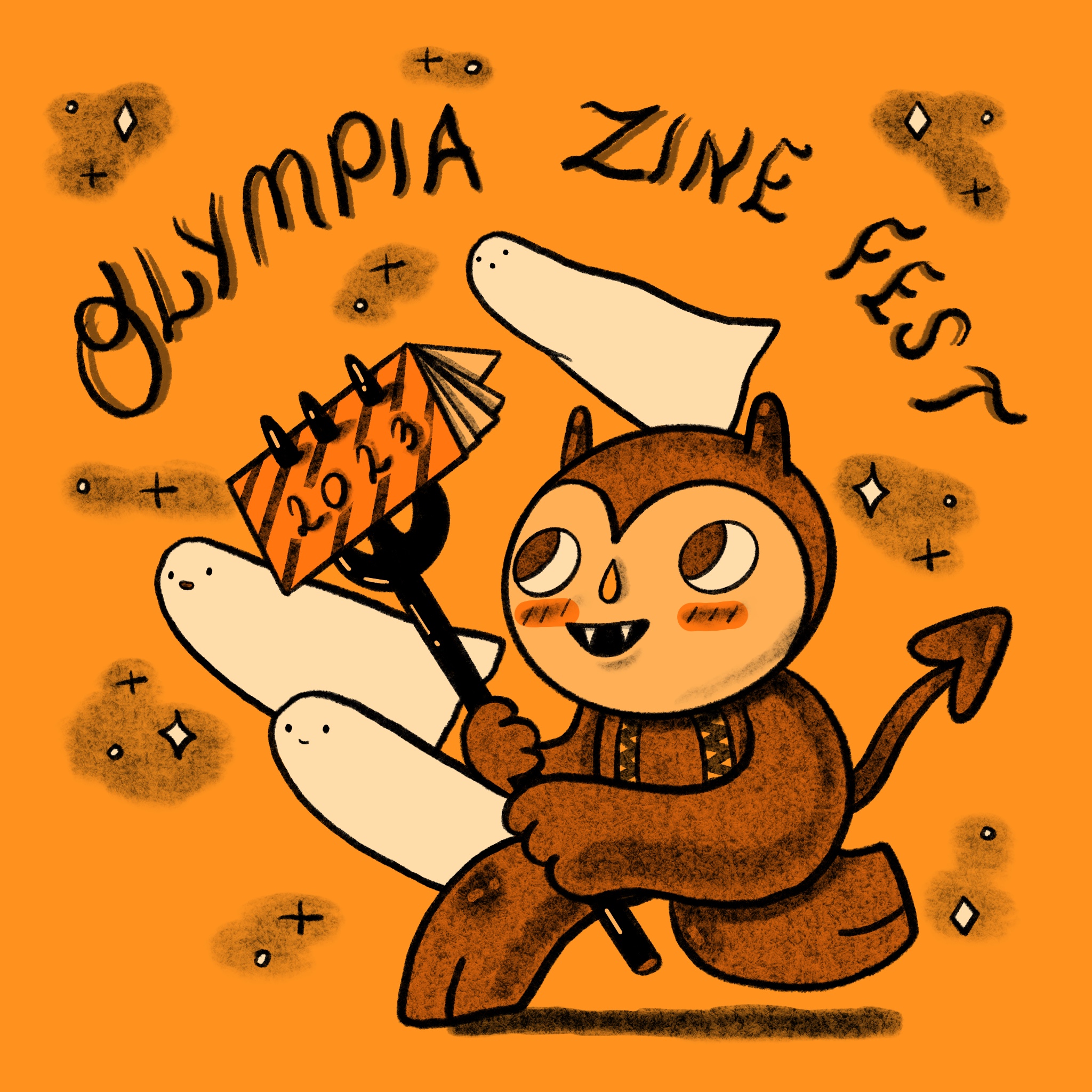 An illustration of a smiling devil holding a trident with the prongs poked through a zine that says "2023." Three ghosts surround the devil. Text at the top of the image says "Olympia Zine Fest."